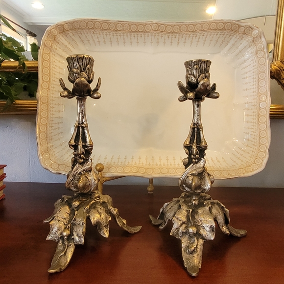 Art Nouveau Floral Vine Antique Bronze Spelter Candlesticks - Picture 2 of 9